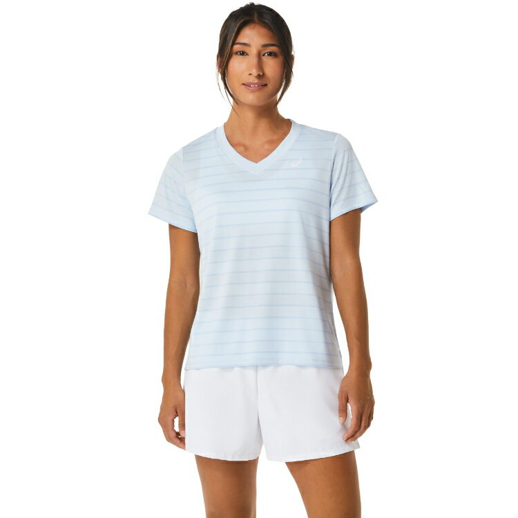 asics アシックス WOMEN COURT STRIPE SS TOP ソフトスカイ S 2042A264 406 | スポーツ用品 スポーツ グッズ ツール アクセサリー 雑貨 小物 使いやすい テニス 衣類 レディース 女性用 S トップス シャツ 半袖 柄 青 ブルー スカイ