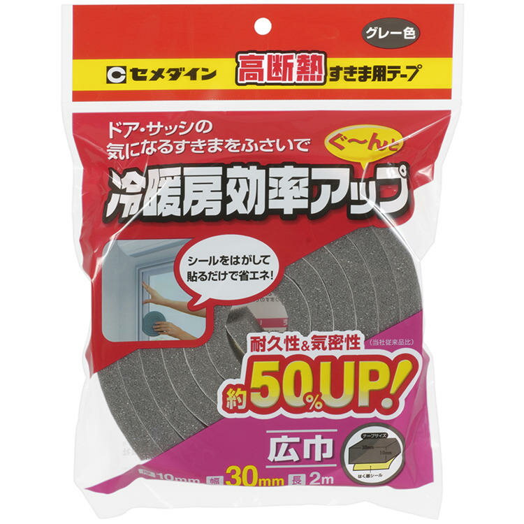 CEMEDINE セメダイン 高断熱すきま用テープ グレー 10mm×30mm×2m TP-523 | 引戸 ドア クーラー 取付部 すき間 風 騒音 ほこり 防止 耐久 気密 戸当たり音 すき間風 カット 蚊 虫 侵入防止 断熱 外気 騒音 額縁 掛け時計 キズ防止