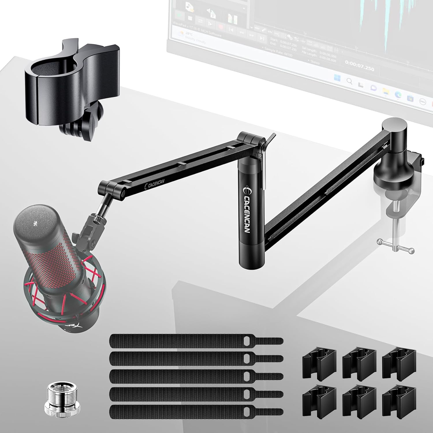 LOW PROFILE MICROPHONE ARM モニター下設置型マイクアームスタンド デスクを広く、美しく。 理想のマイクポジションへ。 4軸可動｜耐荷重約1.8kg｜省スペース設計 4軸 多関節可動 約1.8kg 最大耐荷重 10～50mm 対応天板厚 PRODUCT SUMMARY モニター下の空間を有効活用 モニター下からアームを伸ばして使用できる、省スペース設計のマイクアームです。 マイクをデスクに直接置かないため、作業スペースを広く確保しやすく、キーボード操作やデスク上の振動によるノイズも軽減できます。 ライブ配信、ゲーム実況、音声収録、レコーディング、宅録、Web会議、オンライン授業など、幅広い用途におすすめです。 商品の特長 01｜モニター下からスマートに設置 モニター下のスペースを活用して設置できるローポジション設計です。 アームが視界を遮りにくく、デスク上を広く使えるため、すっきりとした配信・収録環境を整えられます。 02｜4つの回転軸で自由に調節 4つの独立した回転軸を搭載し、マイクの高さ、距離、角度、向きを細かく調節できます。 使用する姿勢や収音位置に合わせて、口元や楽器の近くへスムーズに移動できます。 03｜最大耐荷重約1.8kg 最大耐荷重は約1.8kg。コンデンサーマイクやダイナミックマイクなど、幅広いマイクに対応します。 使用しないときはアームをコンパクトに折り畳むことができます。 04｜幅広いマイク規格に対応 本体には1/4インチネジを採用し、3/8インチ・5/8インチ変換ネジとマイククリップが付属しています。 マイククリップは直径約3～5cmのマイクに対応します。 05｜安定感のあるC型クランプ 厚さ約10～50mmのデスクやテーブルに取り付け可能です。 クランプ上下の接触部分には保護パッドを備え、天板への傷やズレを抑えながらしっかり固定します。 おすすめの使用シーン ライブ配信 ゲーム実況 音声・動画収録 レコーディング Web会議 オンライン授業 楽器・歌唱収録 宅録・ナレーション ご購入前の注意事項 ・ご購入前に、使用するマイクの重量、直径、ネジ規格、取り付け部分の形状をご確認ください。 ・最大耐荷重は約1.8kgです。マイク、ホルダー、ショックマウントなどを含む総重量でご確認ください。 ・アームの伸ばし方や角度、マイクの重心によって安定性が異なります。 ・クランプの対応天板厚は約10～50mmです。 ・天板の形状、縁の構造、補強材の位置によっては取り付けできない場合があります。 ・設置後は、クランプ、アーム、各関節、固定ネジに緩みがないことをご確認ください。 ・角度を変更する際は、マイクを手で支えながらゆっくり調節してください。 ・撮影環境やモニターの発色により、実際の商品と色合いが異なって見える場合があります。 1年間安心保証 本製品には、お買い上げ日より1年間の安心保証をお付けしています。 初期不良や保証期間内の不具合がございましたら、購入履歴の「ショップへ問い合わせ」よりご連絡ください。 ご注文内容と商品の状態を確認のうえ、交換など必要な対応をご案内いたします。 マイクスタンド マイクアーム マイクアームスタンド ブームアーム モニター下 ロープロファイル 卓上マイクスタンド 配信用マイクスタンド ゲーム実況 ライブ配信 生配信 動画収録 音声収録 録音 宅録 レコーディング Web会議 オンライン授業 コンデンサーマイク ダイナミックマイク マイククリップ 1/4インチ 3/8インチ 5/8インチ 変換ネジ C型クランプ 折り畳み 多関節 4軸 耐荷重1.8kg デスク省スペース