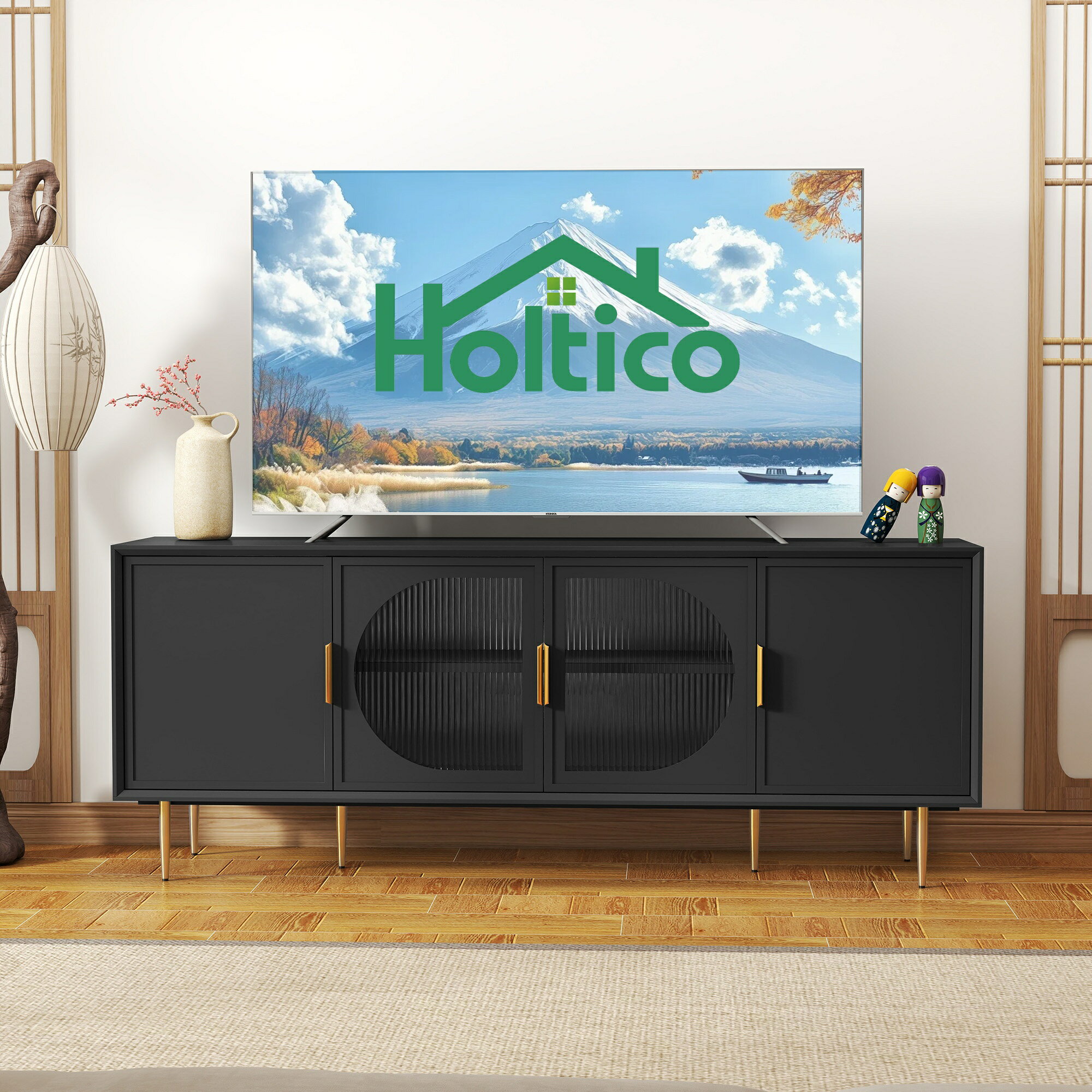 Rakuten - テレビ台 ローボード TV ボード 幅 167cm ブラック 木製 四扉 ロータイプ ガラス扉 木製扉 配線穴 脚付き AV 機器 ゲーム機 ルーター収納 大容量 スリム 北欧風 書斎 組立簡単 5/11 23:59 限定！最大4000OFFクーポン配布中♪＋ポイント5倍】 HOLTICO (ホルティコ)