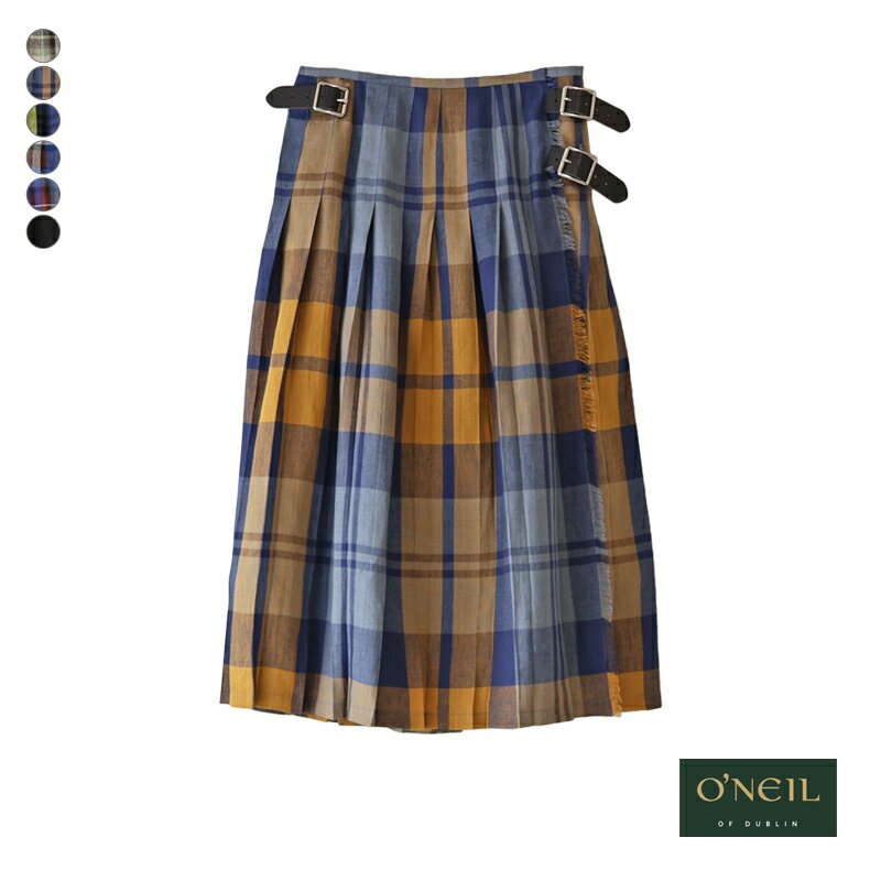 O'NEIL OF DUBLIN オニールオブダブリン アイリッシュ リネン ローウエスト プリーツ ラップスカート  レディース LOW WAIST PLEATS WRAP SKIRT WITH PIN ロングスカート 巻きスカート 麻 タータンチェック フレアスカート