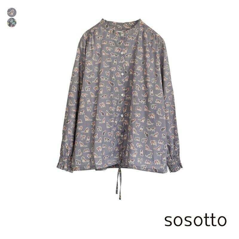 sosotto ソソット リバティプリント 裾ドロスト ブラウス 42412941 レディース オールシーズン Liberty 猫 花柄 シャツ 綿 タナローン生地 ボタニカル Arranged Belearic 羽織り 春夏 秋冬