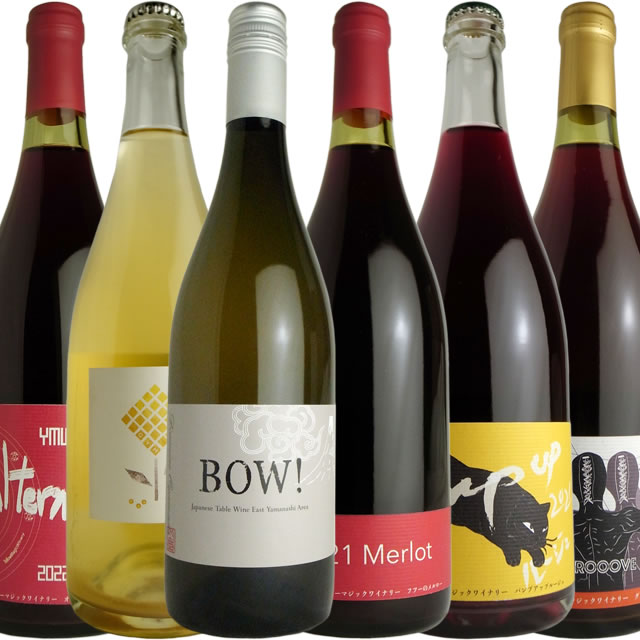 Vin de Table BOW!（白）　2023　ドメーヌ・オヤマダ、オルタナティヴ・ルージュ　2022　イエローマジックワイナリー、パンプアップ・ルージュ　2022、GYM　2022　KIYO Wines、グルーヴ・肉ヤロウ　2022、GROOOVE NIKU YARO、フツーのメルロー　2021（各1本）