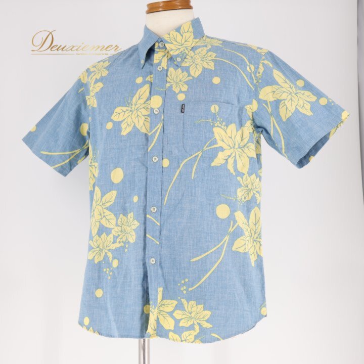Rakuten - 【中古】メンズ マジュン OCEAN BLUE MAJUN トップス ブラウス ブルー系 シャツ アロハシャツ 花柄 ドット柄 水玉 水色 黄 明るい カジュアル かりゆし かわいい おしゃれ お出かけ Lサイズ E019-2526502000013