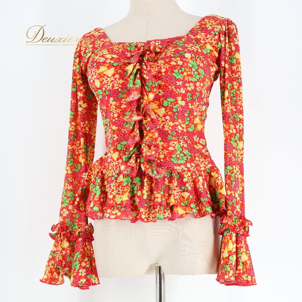 Tops - 【中古】 フラメンコ 衣装 トップス ブラウス ピンク系 花柄 花 カラフル 緑 黄緑 黄 伸縮 ストレッチ フリル かわいい 長袖 華やか ダンス衣装 イベント ステージ おしゃれ フラメンコ衣装 グリーン系 イエロー系 レディース 花柄トップス A106-2511002001301