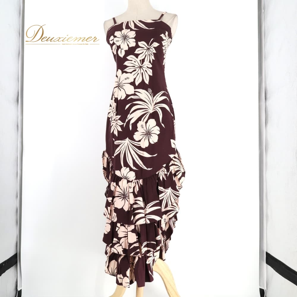 【中古】 CC Fashions CCファッション フラダンス 衣装 ワンピース ドレス ブラウン系 ハイビスカス柄 花柄 植物柄 ハワイアンプリント ハワイアン アロハ フラ ダンス レッスン 練習 茶 ベージュ系 キャミソールドレス フリル 5-6サイズ B060-2512019015756