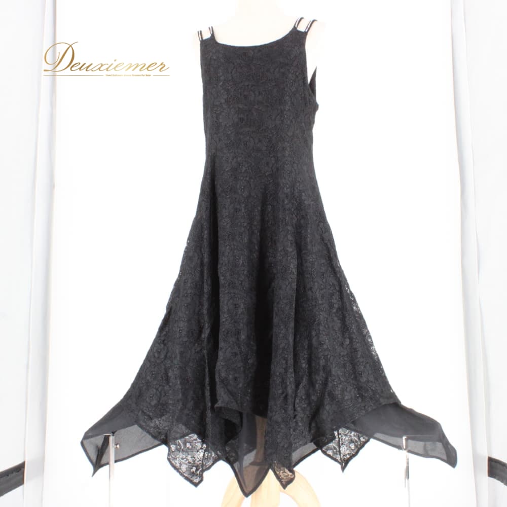 Rakuten - 【中古】 Elegance fashion エレガンスファッション 社交ダンス 衣装 スタンダード ドレス ワンピース パーティドレス レース ブラック系 黒 花柄 ラインストーン ノースリーブ 競技用 表記Mサイズ D052-2510122012112