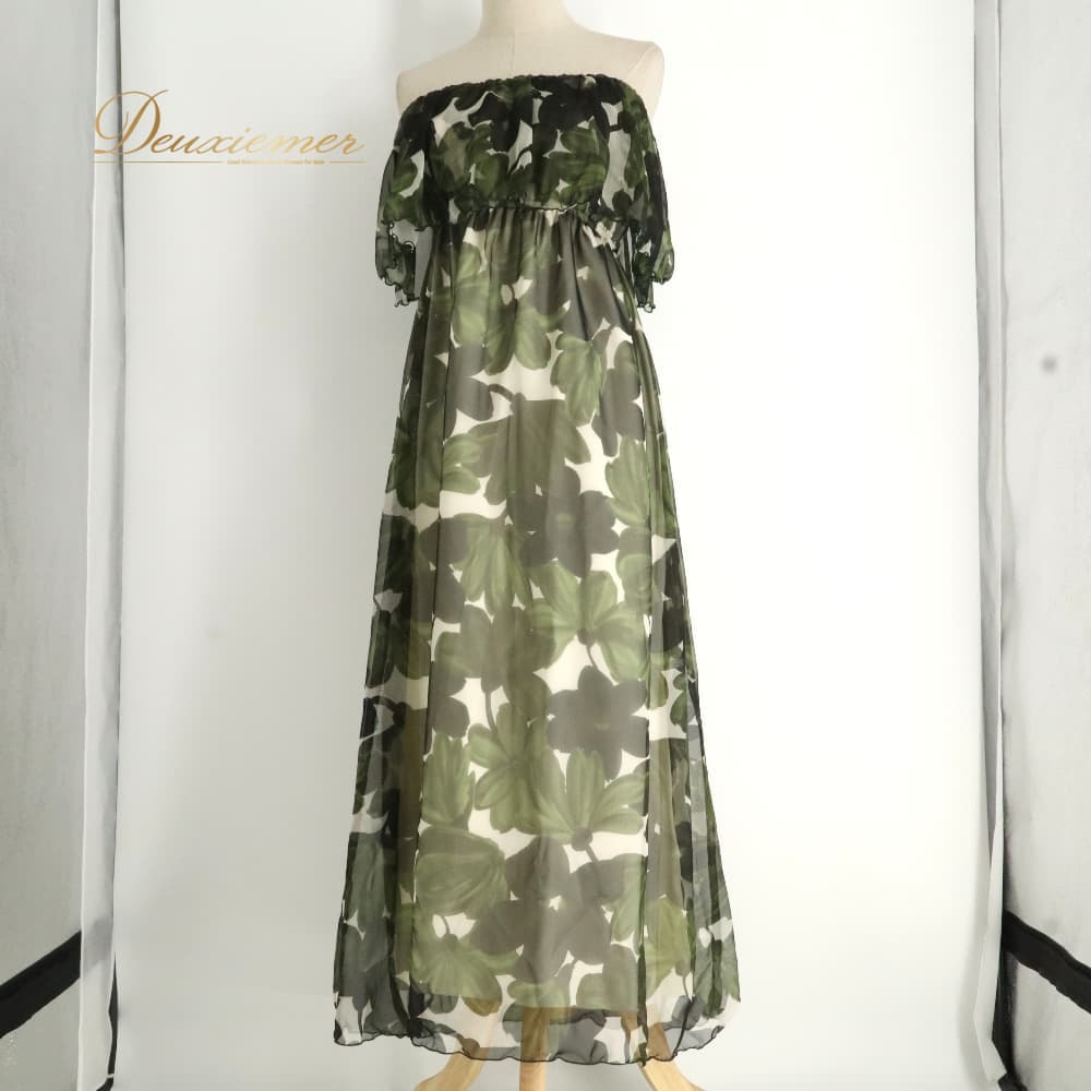 【中古】 ALOHA STANDARDS アロハスタンダード フラダンス 衣装 ワンピース ドレス カーキ系 花柄 植物柄 ハワイアンプリント ハワイアン アロハ フラ ダンス レッスン 練習 ハワイアンダンス グリーン系 ベージュ系 日本製 緑 チュール 透け感 Mサイズ B020-2512019014674