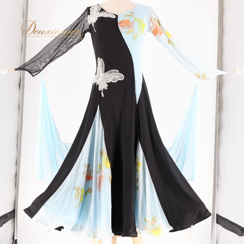 Rakuten - 【中古】 in the MOOD インザムード 社交ダンス 衣装 ワンピース ドレス ブラック系 ブルー系 黒 水色 レース ダンス パーティ 発表会 フロート ワンピースドレス 黒系 黒水色 競技用 Lサイズ H052-2510122012235