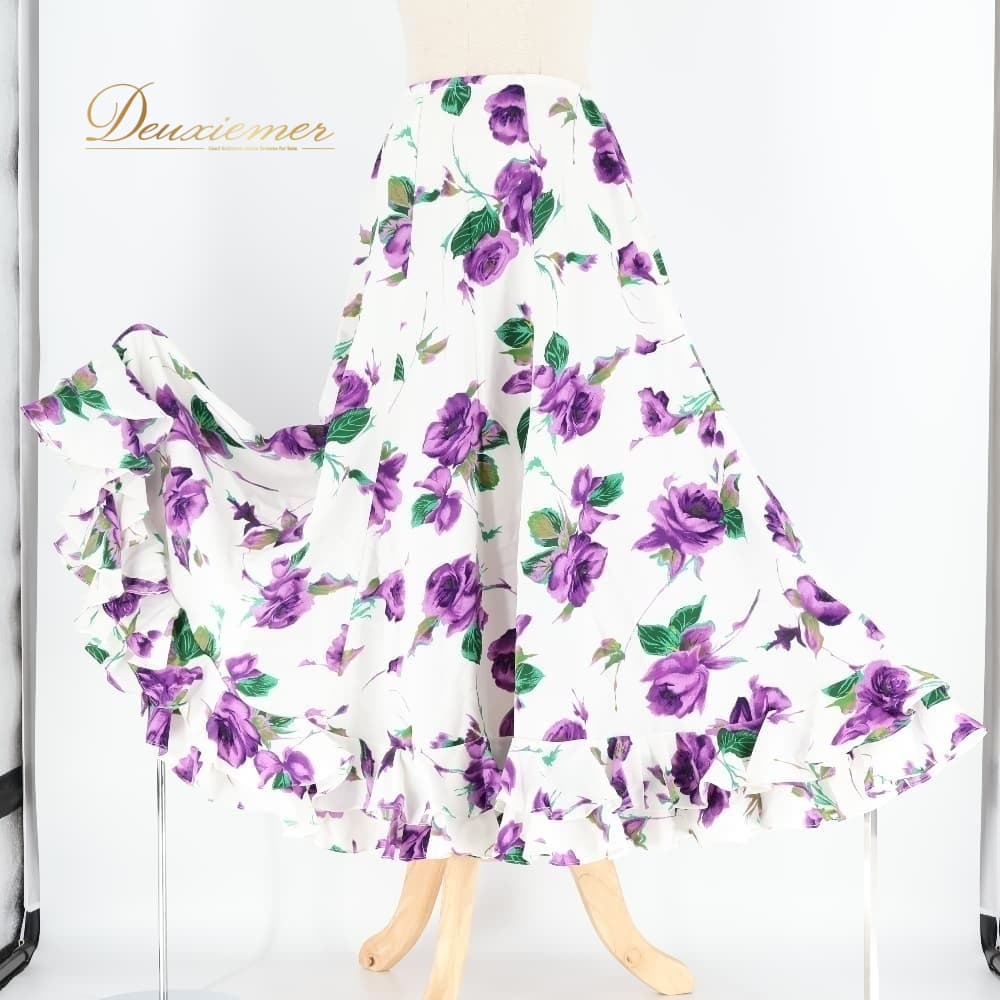 Rakuten - 【中古】 フラメンコ 衣装 ファルダ スカート ペチコート ホワイト系 パープル系 白 紫 花柄 軽い 薄い かわいい フリル ボランテ 軽量 薄手 フェミニン ダンス衣装 舞台衣装 発表会 練習用 C129-2511018003467