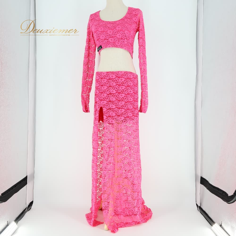 樂天商城 - 【中古】 POLINA ポリーナ ベリーダンス 衣装 上下セット ピンク系 レース 花 花柄 トップス スカート スリット 鮮やか 華やか 練習 レッスン かわいい 派手 目立つ ダンス衣装 イベント 伸縮 E043-2514220000361