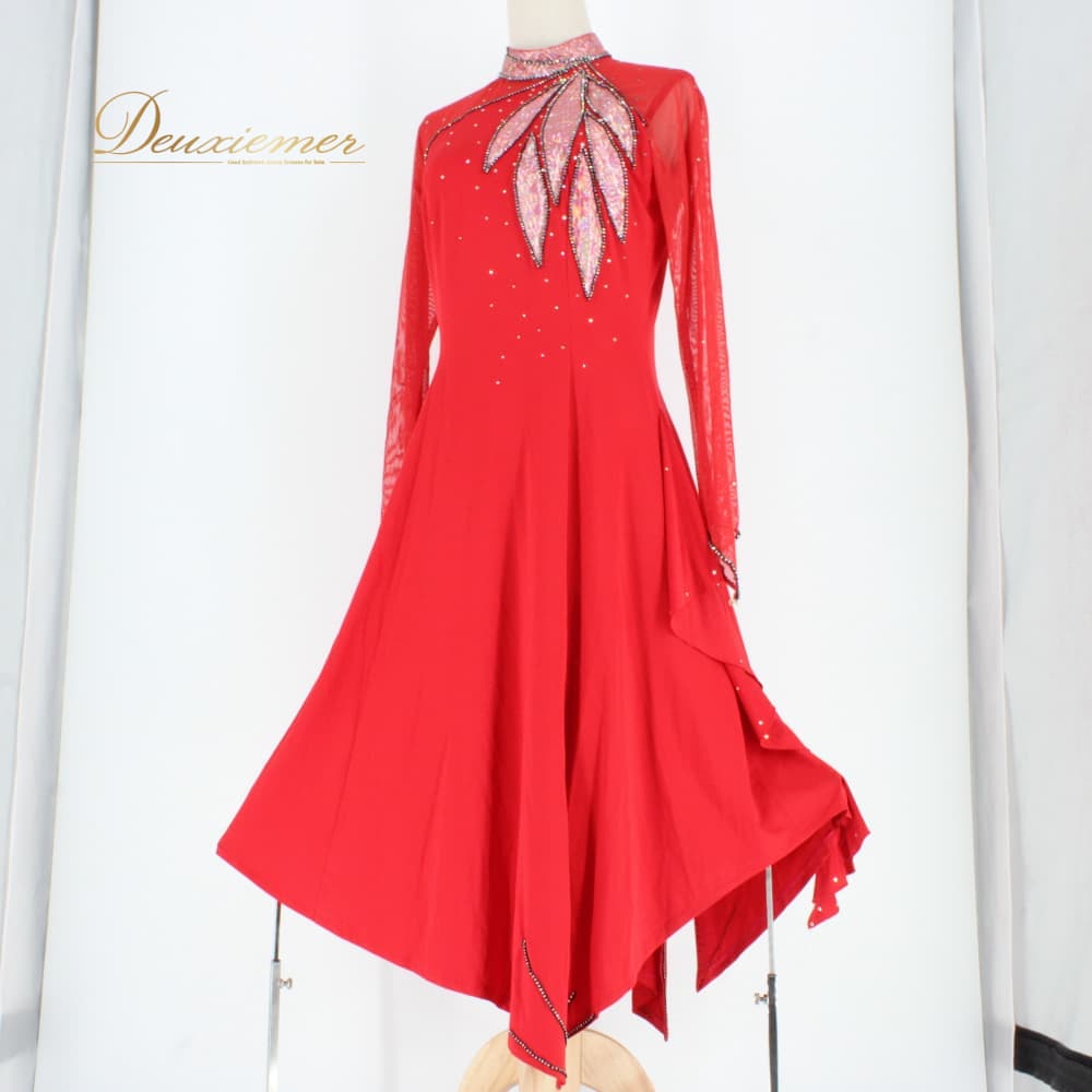 Rakuten - 【中古】 社交ダンス 衣装 スタンダード ドレス ワンピース パーティドレス レディース Fantasy レッド系 赤 ラインストーン 長袖 レース 派手 ロング丈 フレアスカート キラキラ きらきら 表記11サイズ D003-2510122012310