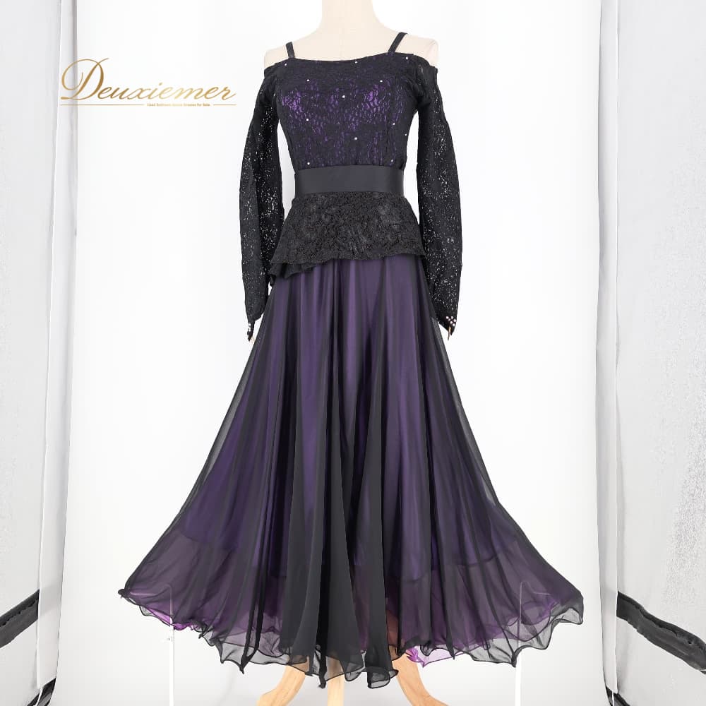 樂天商城 - 【中古】 Leirena レイリーナ 社交ダンス 衣装 ワンピース ドレス ブラック系 花 花柄 レース スタンダード リボン 華やか 黒 紫 上品 かわいい ダンス衣装 イベント ステージ おしゃれ パーティー A004-2510119000368