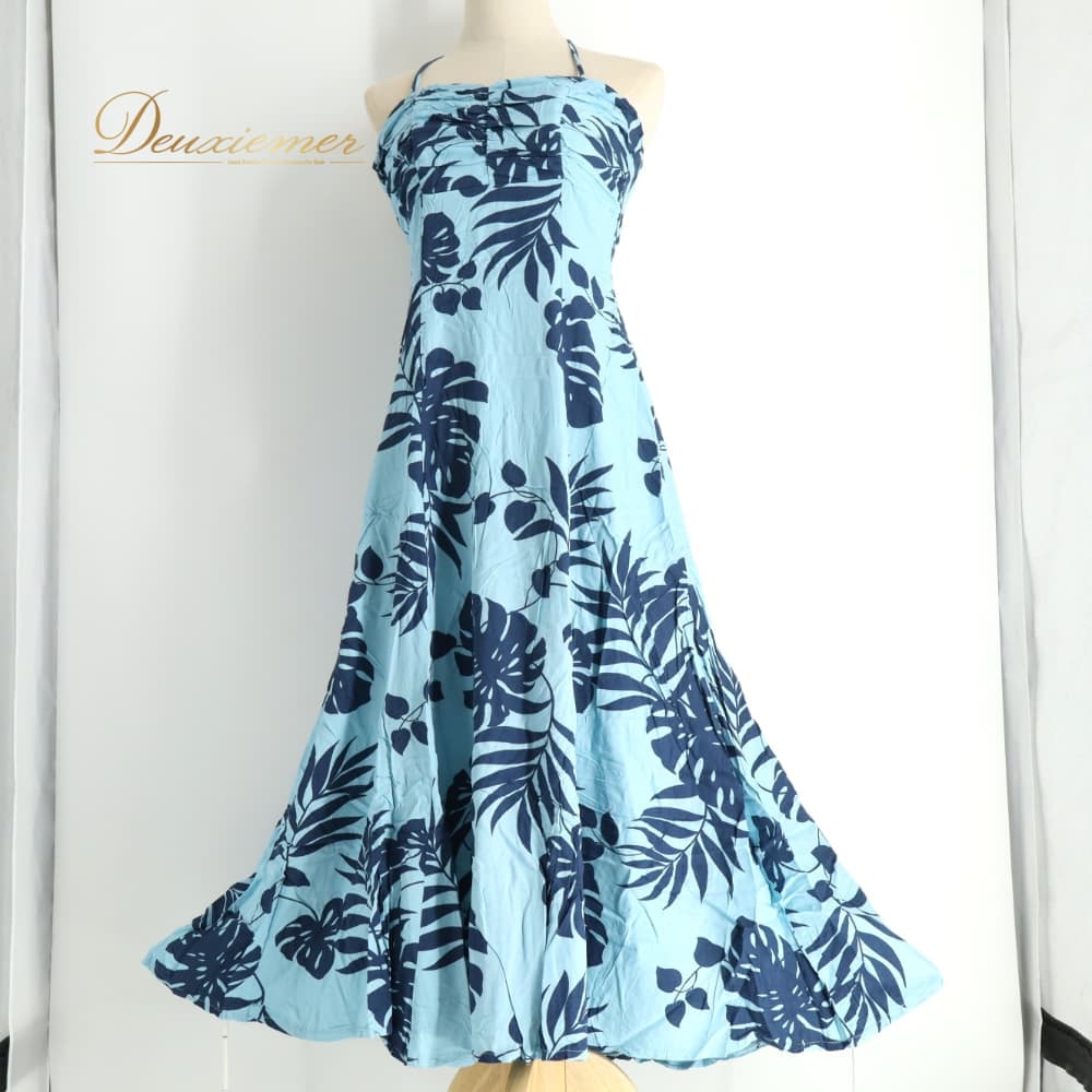 【中古】 フラダンス 衣装 LoLa's ワンピース ドレス ブルー系 モンステラ柄 植物柄 リボン ハワイアンダンス ハワイアン アロハ フラ ダンス レッスン 練習 水色 紺 ネイビー系 華やか さわやか かわいい おしゃれ 上品 大人っぽい 1-2サイズ F081-2512019015206