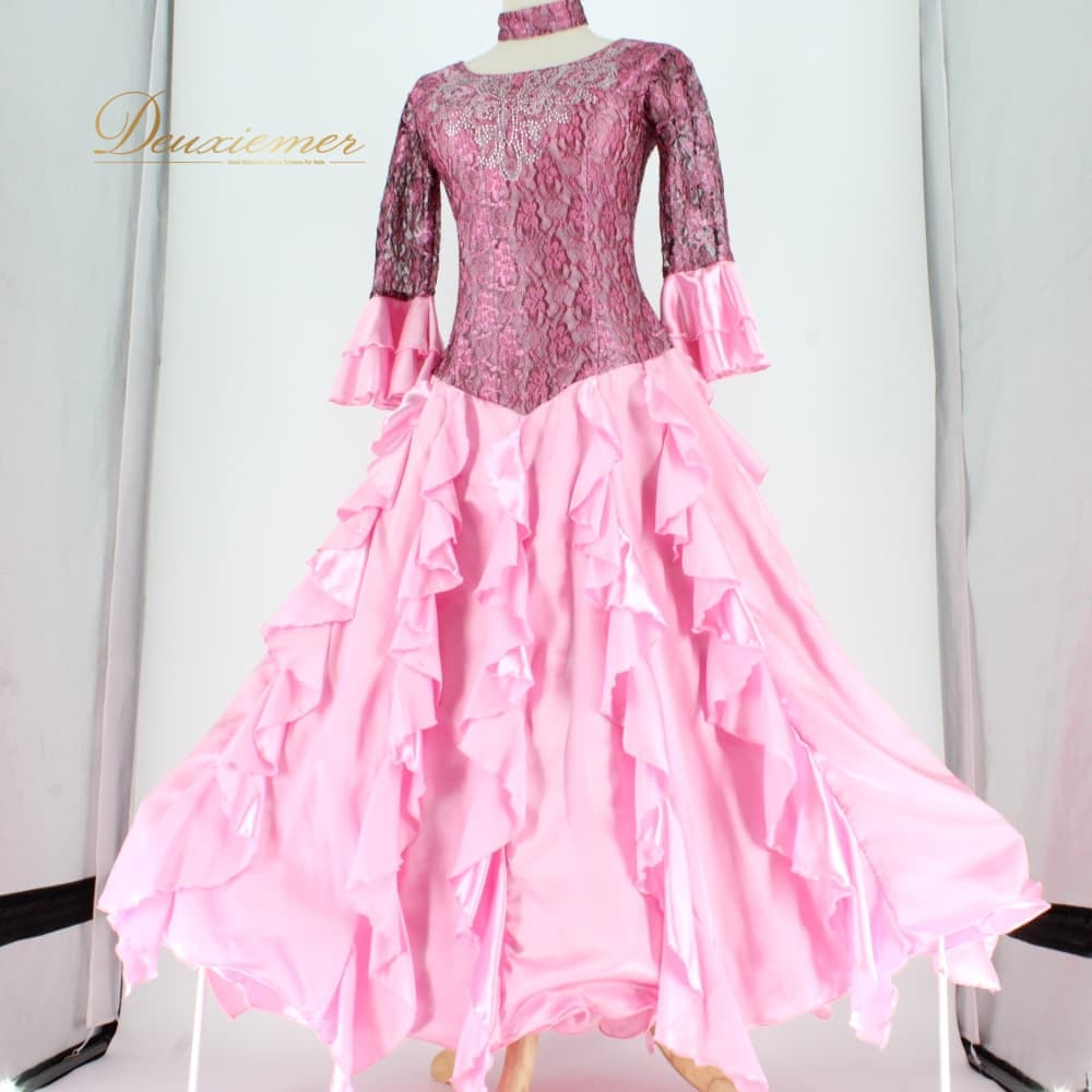 Rakuten - 【中古】 prima boutique プリマブティック 社交ダンス 衣装 スタンダード ドレス ワンピース パーティドレス 黒 ブラック系 ピンク系 レース フリル ラインストーン 社交ダンスドレス H015-2510122012372