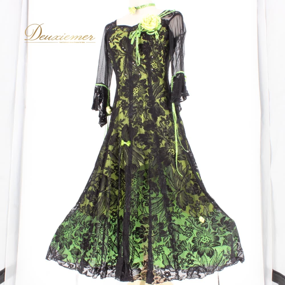 樂天商城 - 【中古】 Dance Fashion Pier ダンスファッションピア 社交ダンス 衣装 スタンダード ドレス ワンピース パーティドレス 黄緑 黒 ブラック系 グリーン系 レース コサージュ Mサイズ B031-2510122012471