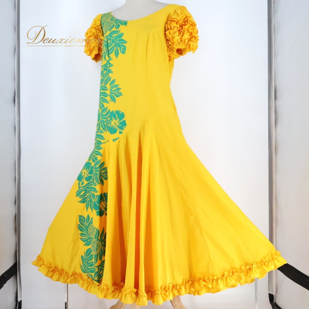 【中古】 FANCY DRESS ファンシードレス フラダンス 衣装 ワンピース ドレス イエロー系 グリーン系 ツートンカラー フリル ハイビスカス柄 ラウアエ柄 シンプル かわいい 華やか 鮮やか 明るい 黄 緑 ハワイアン ハワイアンプリント レッスン 練習 A069-2512019015565