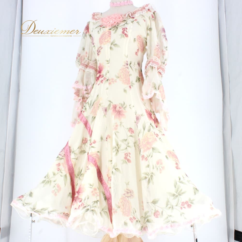 乐天商城 - 【中古】 Dance Fashion Pier ダンスファッションピア 社交ダンス 衣装 スタンダード ドレス ワンピース レッスンウェア パーティドレス アイボリー ホワイト系 ピンク系 グリーン系 花柄 Lサイズ B031-2510122012464