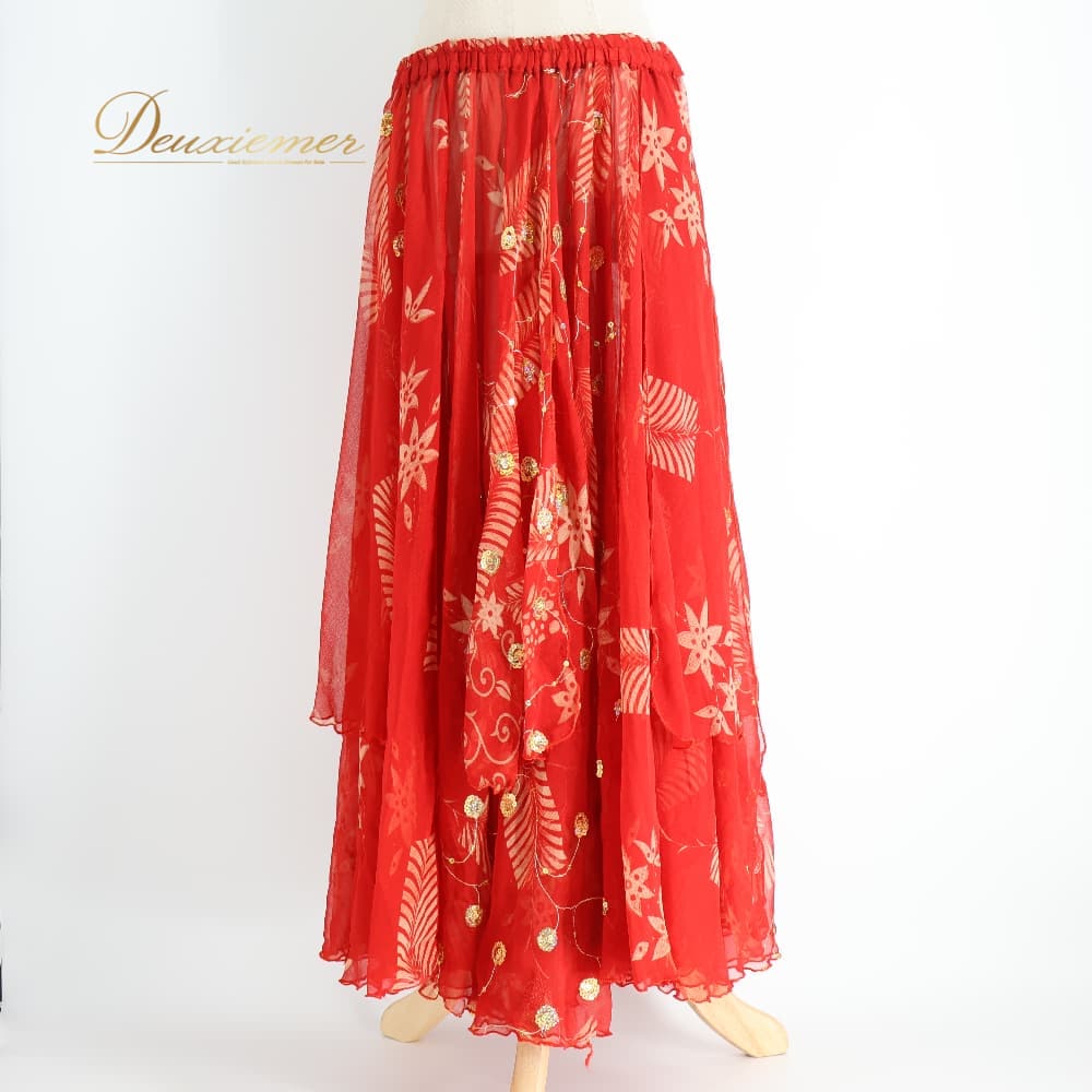 【中古】 Padoma ベリーダンス 衣装 スカート レッド系 花 花柄 スリット 薄い 軽い 赤 金 華やか オリエンタル 練習 レッスン ダンス衣装 イベント ステージ 透け感 おしゃれ かわいい 柄 模様 ゴールド系 赤系 フラワー スリット入り ステージ衣装 C081-2514218000021