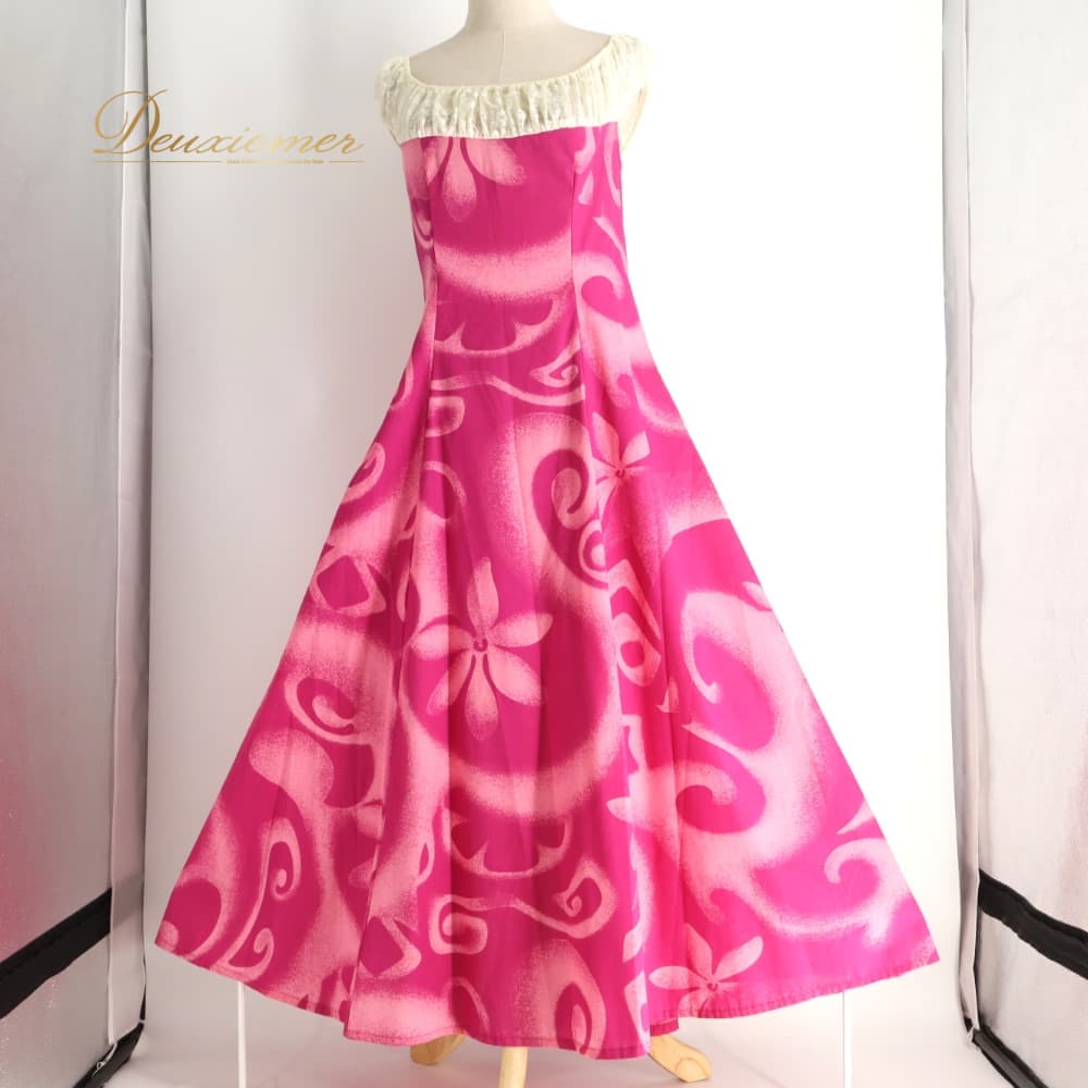 【中古】 CC Fashions CCファッション フラダンス 衣装 ワンピース ドレス ピンク系 ティアレ柄 花柄 植物柄 ハワイアンプリント ハワイアン アロハ フラ ダンス レッスン 練習 ホワイト系 ハワイアンダンス レース 透け感 フレアスカート 5-6サイズ B063-2512019015909