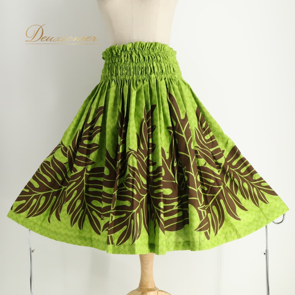 【中古】 ALOHA FABRICS アロハファブリック フラダンス 衣装 パウスカート グリーン系 ラウアエ柄 植物柄 ハワイアンプリント ハワイアン アロハ フラ ダンス レッスン 練習 ハワイアンダンス ブラウン系 黄緑 茶 シングル スカート フレア 華やか B063-2512018013647