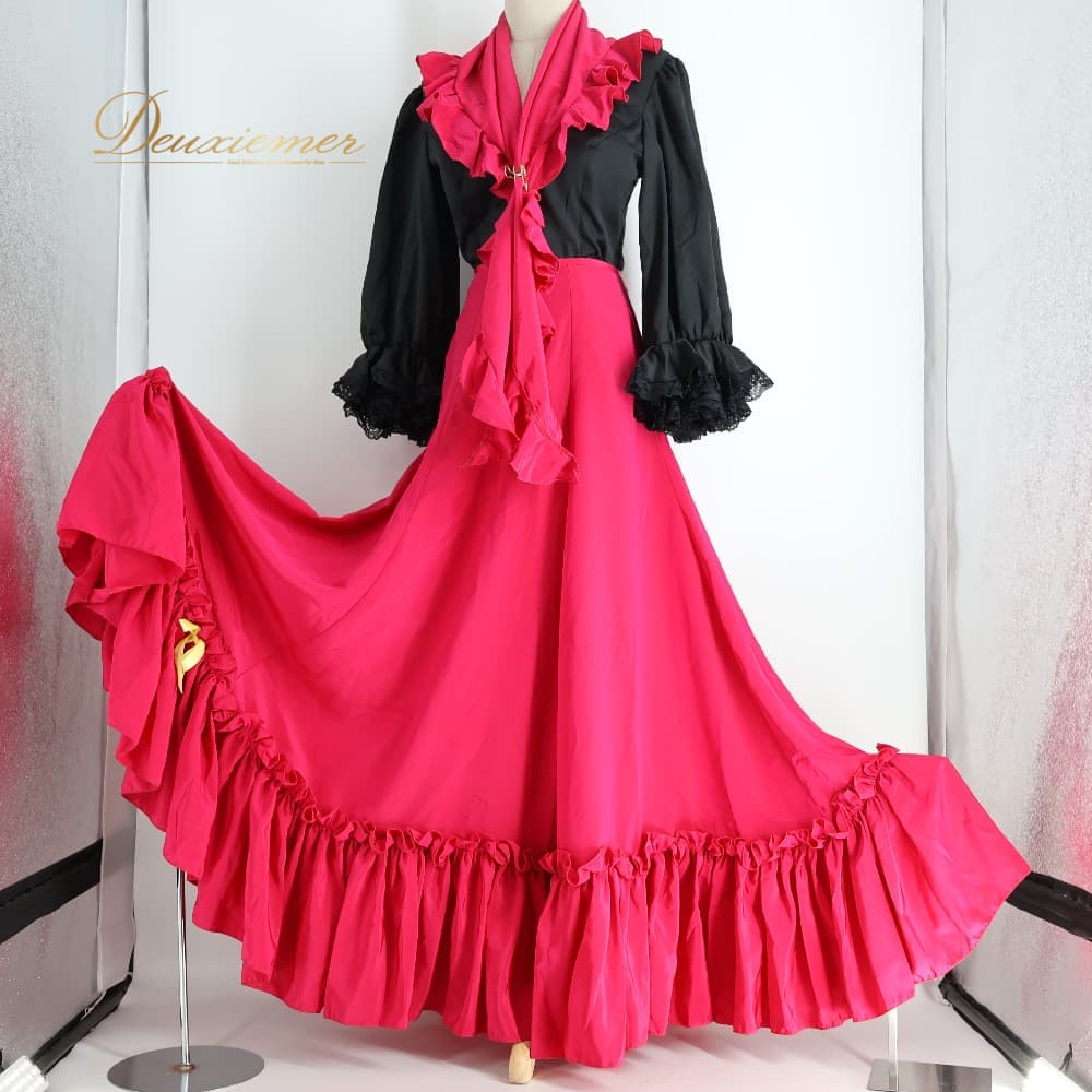 【中古】 MAKIS COSTUMES マキコスチューム フラメンコ 衣装 ツーピース セットアップ 上下セット ピンク系 トップス ファルダ スカート ボランテ フリル シージョ ピキージョ 鮮やか 黒 ダンス衣装 りぼん ステージ イベント かわいい ブラック系 C089-2511020002113