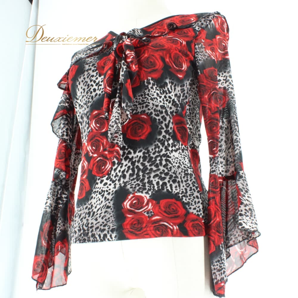 Rakuten - 【中古】 ICHIOKU イチオク 社交ダンス 衣装 Tシャツ/カットソー レッスンウェア ブラック系 グレイ系 レッド系 花柄 ヒョウ柄 レース 赤 黒 長袖 レディース トップス Tシャツ カットソー シック 花 ローズ柄 レオパード柄 パネル デザイン きれいめ B006-2510701006280