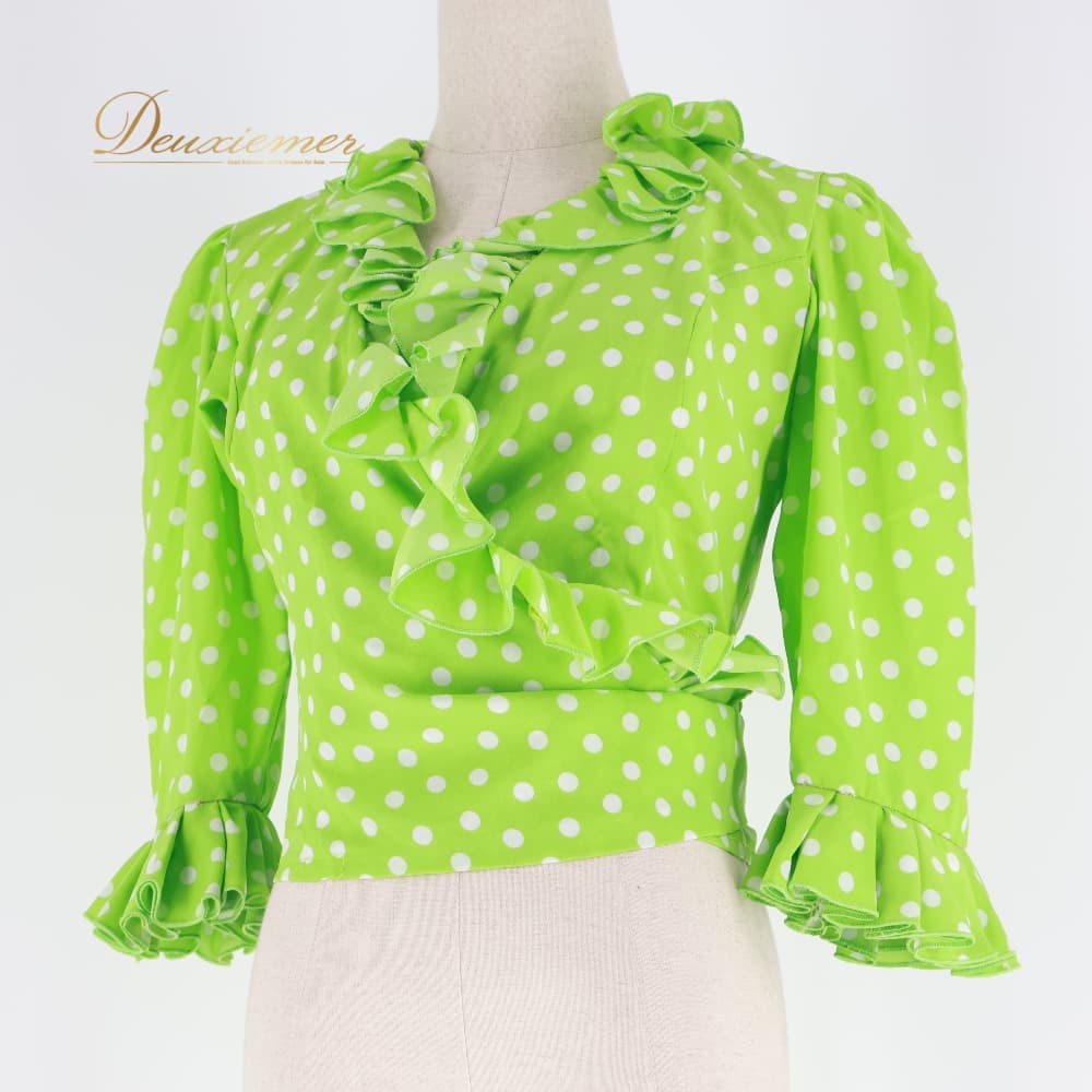 乐天商城 - 【中古】 MOLINA モリーナ フラメンコ 衣装 トップス ブラウス グリーン系 水玉 ドット 黄緑 白 ボウタイ セット ボランテ フリル 鮮やか 明るい かわいい ダンス衣装 イベント ステージ 華やか ドット柄 ポップ おしゃれ ホワイト系 A006-2511002001127