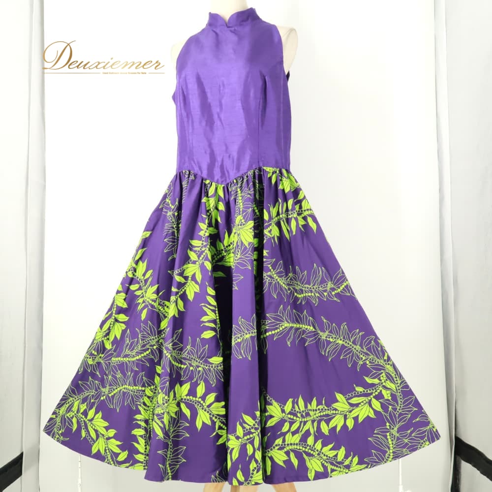 【中古】 ALOHA STANDARDS アロハスタンダード フラダンス 衣装 ワンピース ドレス パープル系 植物柄 ハワイアンプリント ハワイアン アロハ フラ ダンス レッスン 練習 ハワイアンダンス 紫 黄緑 グリーン系 ノースリーブ ハイネック 7サイズ A033-2512019016425