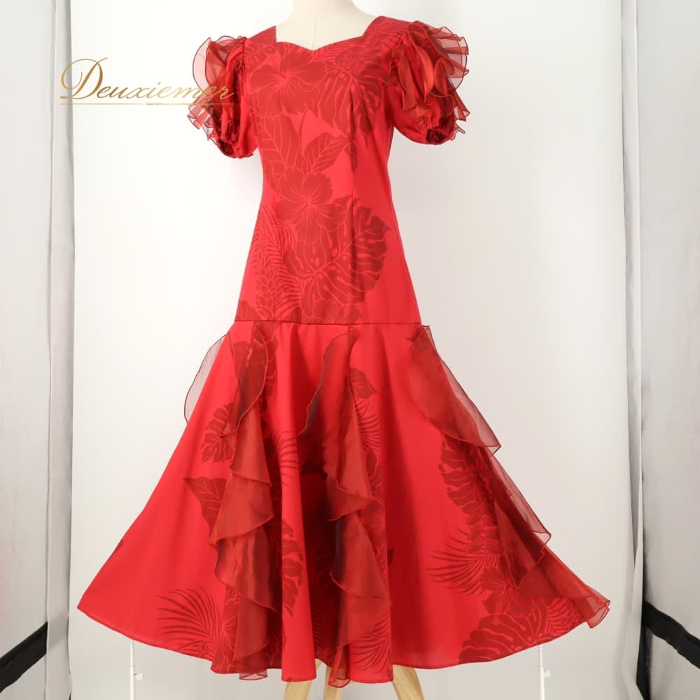 【中古】 フラダンス 衣装 ワンピース ドレス レッド系 ハイビスカス柄 モンステラ柄 花柄 植物柄 ハワイアンプリント ハワイアン アロハ フラ ダンス レッスン 練習 フリル チュール 透け感 シースルー 赤 真っ赤 半袖 フレアスカート 華やか Sサイズ F018-2512019016494