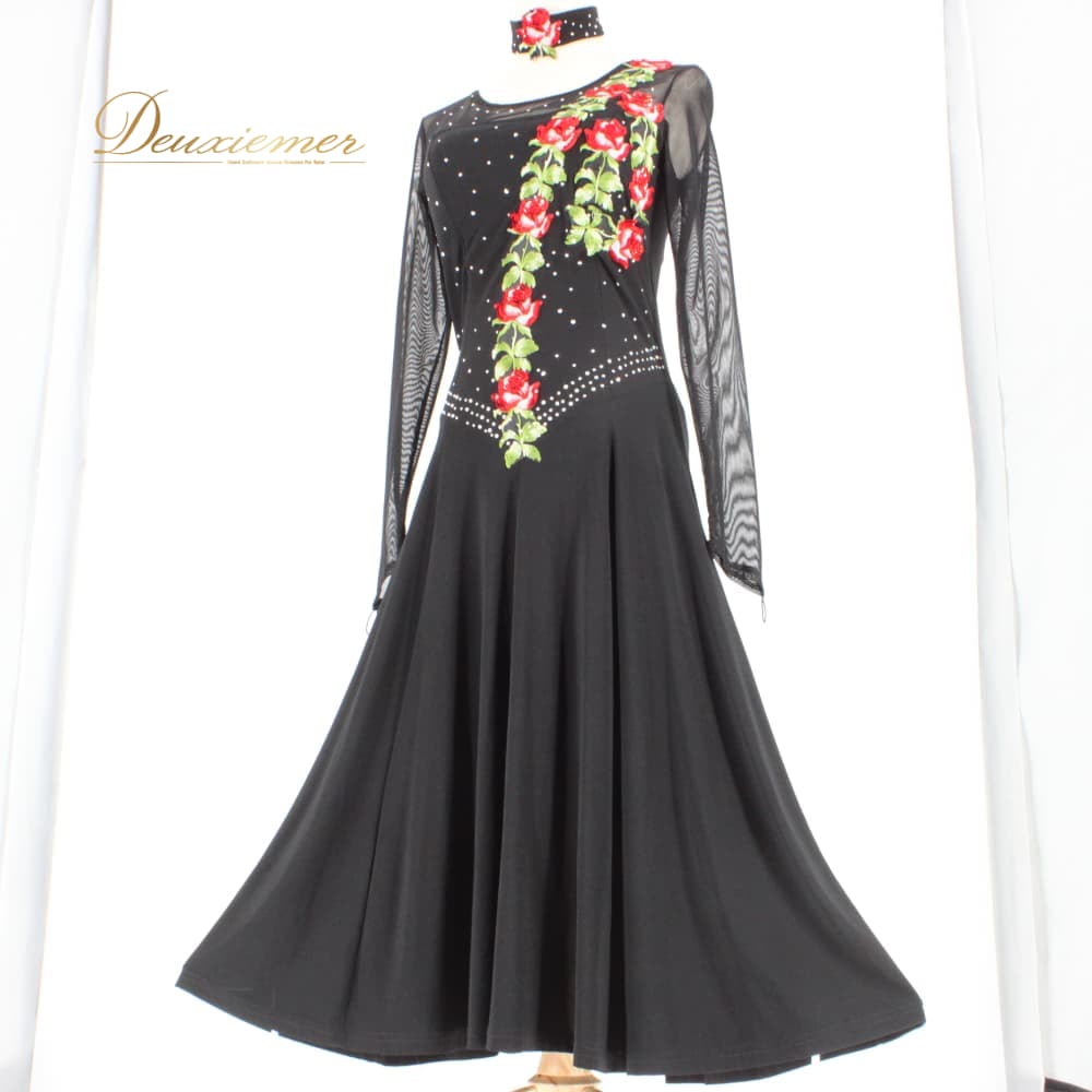 Rakuten - 【中古】 ICHIOKU イチオク 社交ダンス 衣装 ドレス ワンピース スタンダード ブラック系 レッド系 グリーン系 赤 黒 緑 花柄 ラインストーン 長袖 チョーカー ブラックドレス レッドラインストーン グリーン花柄 バラ柄 フラワーモチーフ 透け感 I052-2510122012730