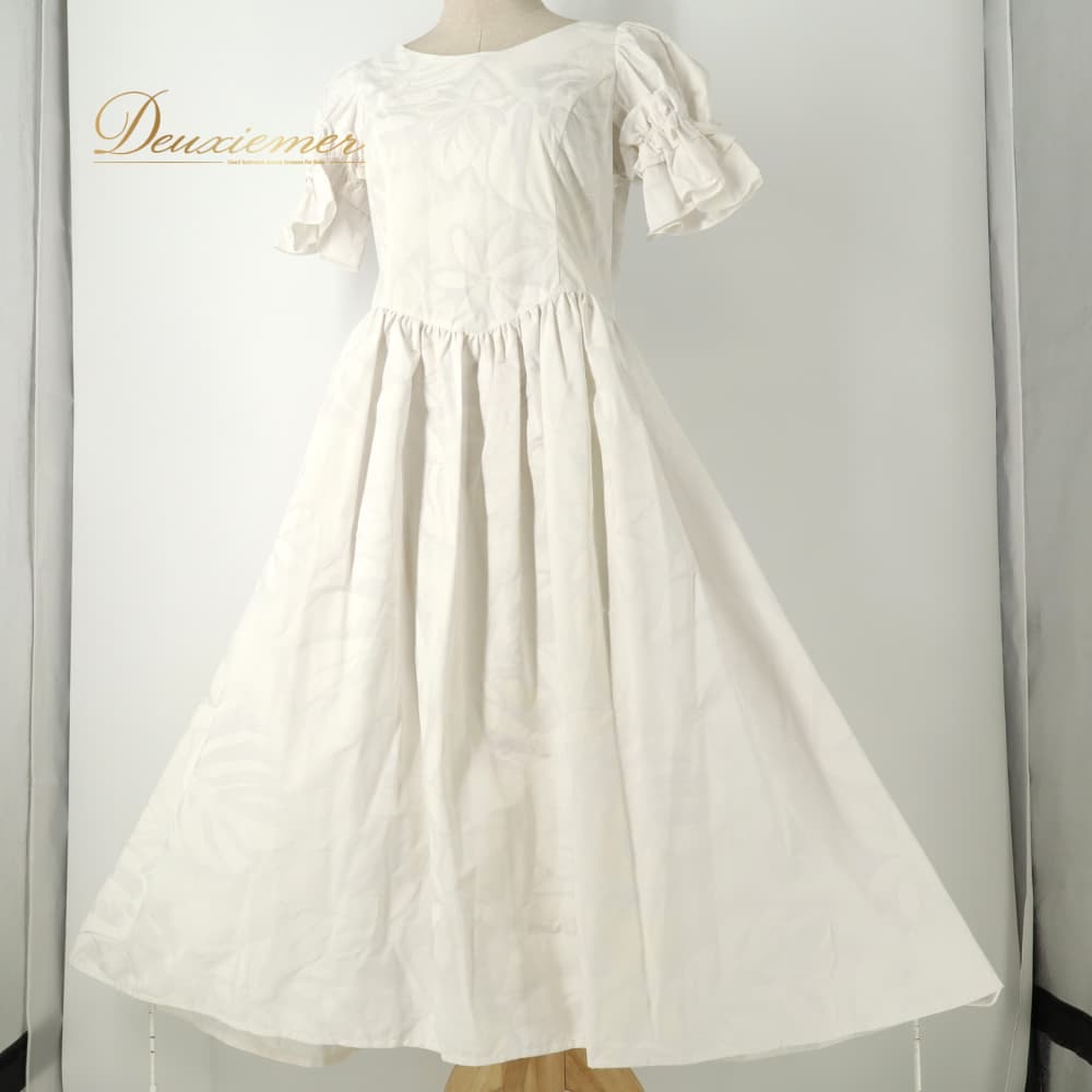【中古】 MermaidLine MMJ マーメイドライン エムエムジェイ フラダンス 衣装 ワンピース ドレス ホワイト系 ティアレ柄 花柄 植物柄 ハワイアンプリント ハワイアン アロハ フラ ダンス レッスン 練習 ハワイアンダンス 白 フリル Lサイズ B042-2512019016593