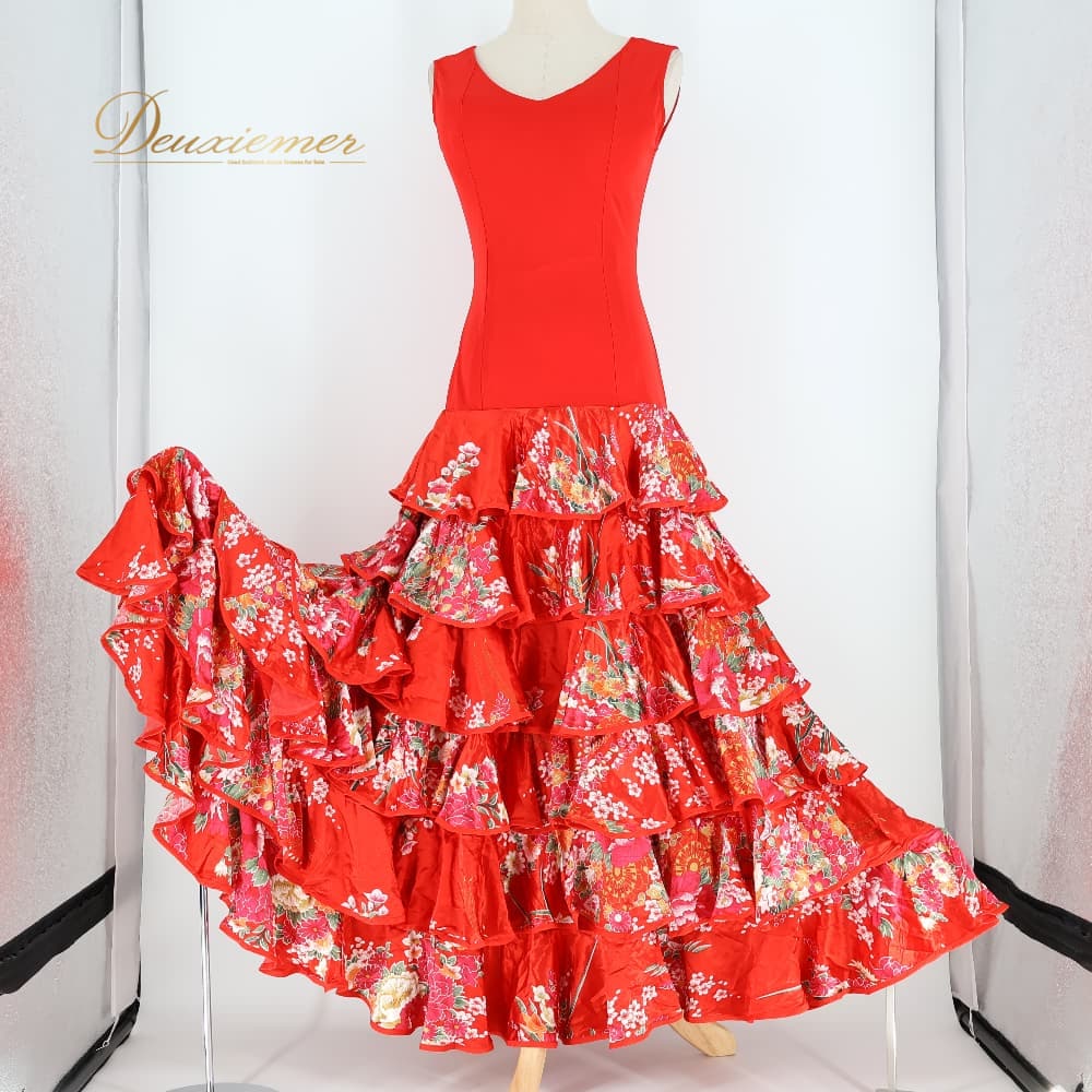 樂天商城 - 【中古】 prima boutique プリマブティック フラメンコ 衣装 ワンピース ドレス レッド系 ボランテ フリル ノースリーブ 花 花柄 赤 緑 白 段々 華やか かわいい 袖なし 光沢 ダンス衣装 イベント ピンク系 グリーン系 オレンジ系 ホワイト系 A009-2511019000434
