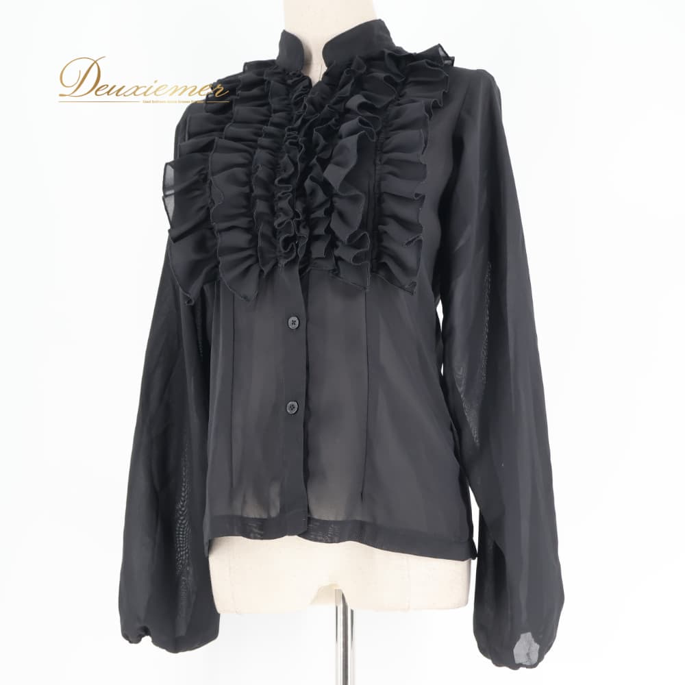 【中古】 DOCE del Flamenco ドセデルフラメンコ フラメンコ 衣装 トップス ブラウス ブラック系 黒 無地 長袖 フリル 透け感 ダンス パーティ 発表会 レディース ステージ 上品 舞台 コスチューム かわいい Mサイズ C028-2511002001950