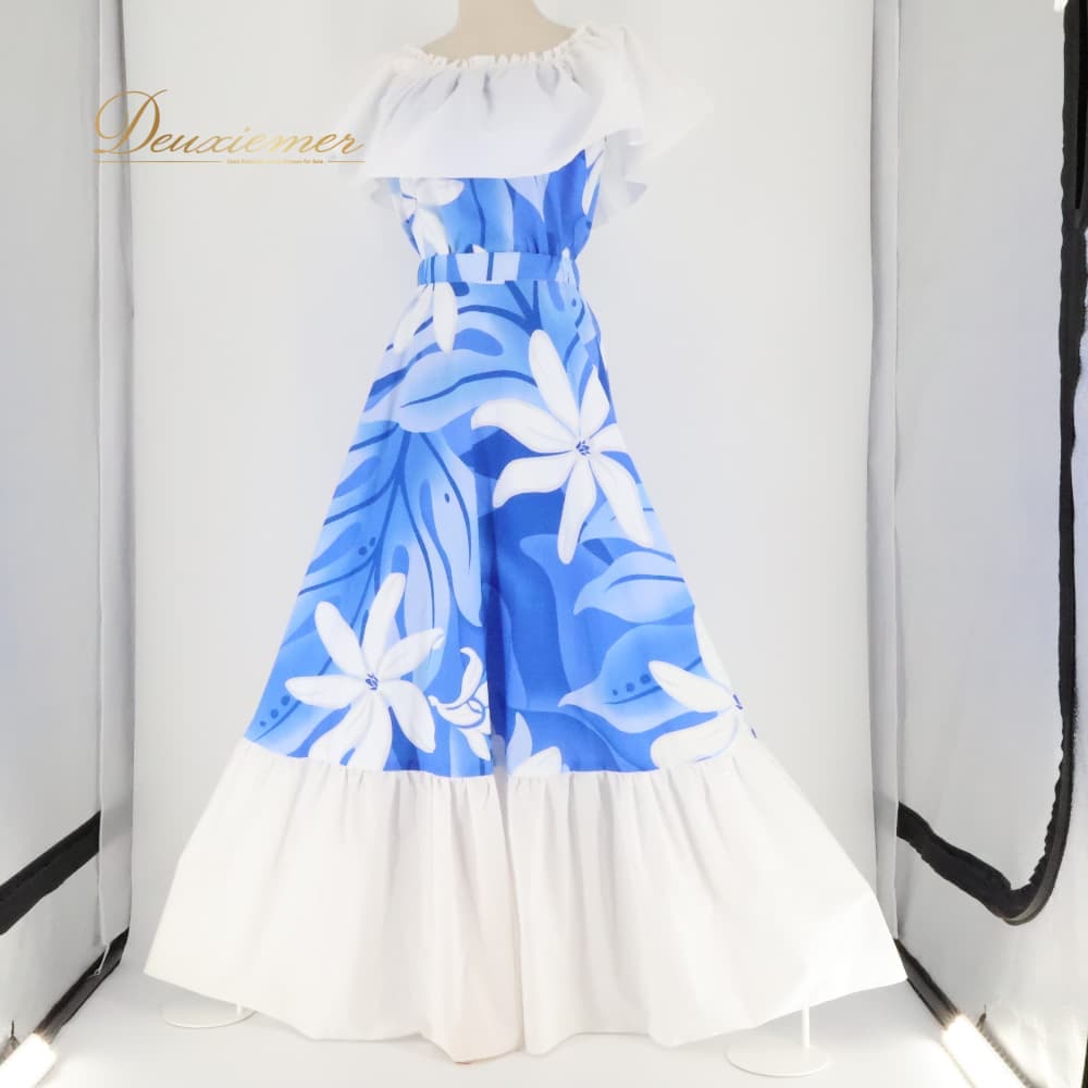 樂天商城 - 【中古】 フラダンス 衣装 ツーピース 上下セット セットアップ ブルー系 ホワイト系 ツーカラー フリル 2WAY オフショルダー ティアレ柄 ラウアエ柄 かわいい 華やか 鮮やか 爽やか 青 白 ハワイアン アロハ ハワイアンプリント フラ ダンス レッスン A132-2512020000659