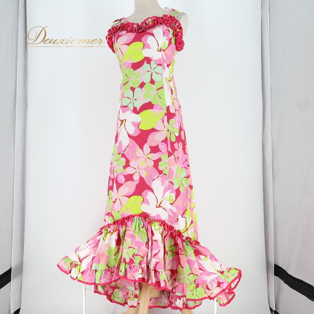 Rakuten - 【中古】 MermaidLine MMJ マーメイドライン エムエムジェイ フラダンス 衣装 ワンピース ドレス ピンク系 日本製 プルメリア柄 ハイビスカス柄 ハワイアンプリント アロハ フラ ダンス レッスン 練習 フリル 花柄 ピンク 白 黄緑 華やか 鮮やか かわいい F012-2512019010591