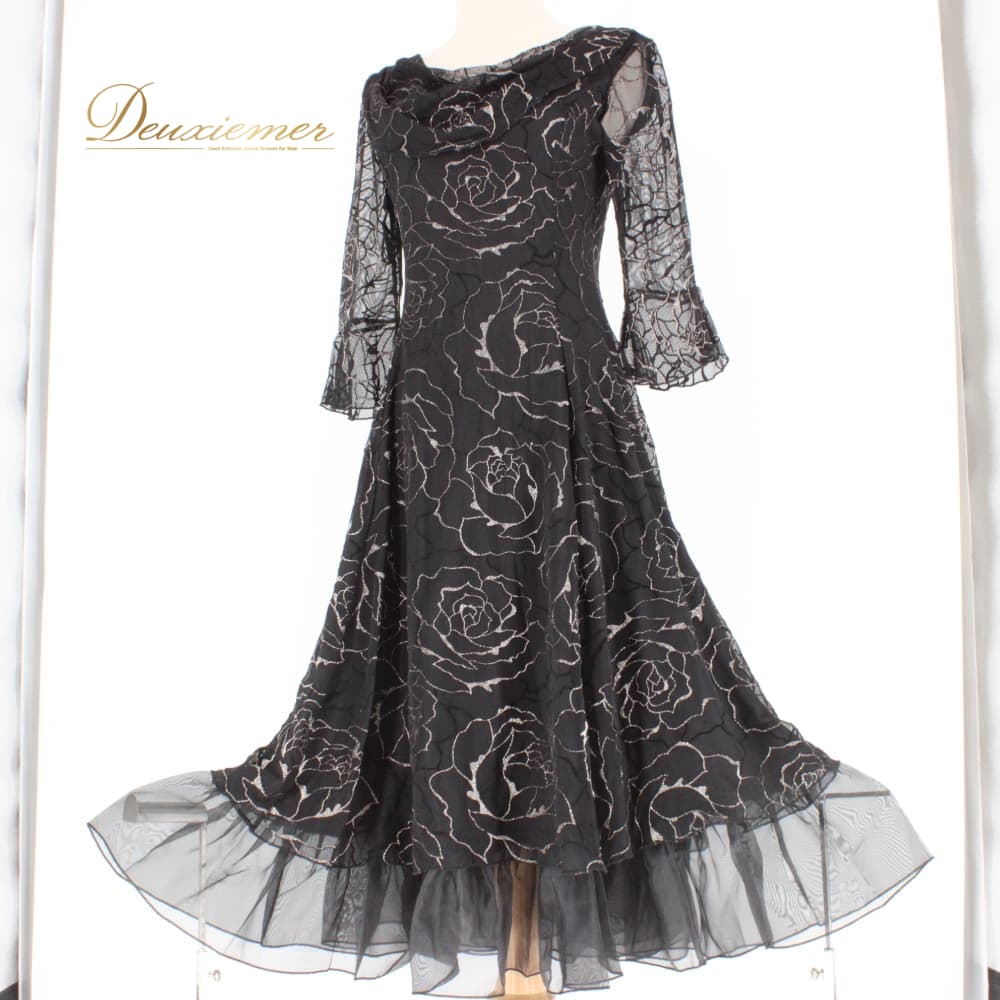 Rakuten - 【中古】 社交ダンス 衣装 ドレス ワンピース スタンダード スタンダードドレス 黒 ブラック系 花柄 ラメ キラキラ 長袖 レース 薔薇 バラ フォーマル 上品 気品 大人っぽい エレガント きれいめ ソシアルダンス レディース ステージ衣装 パーティドレス B013-2510122013201
