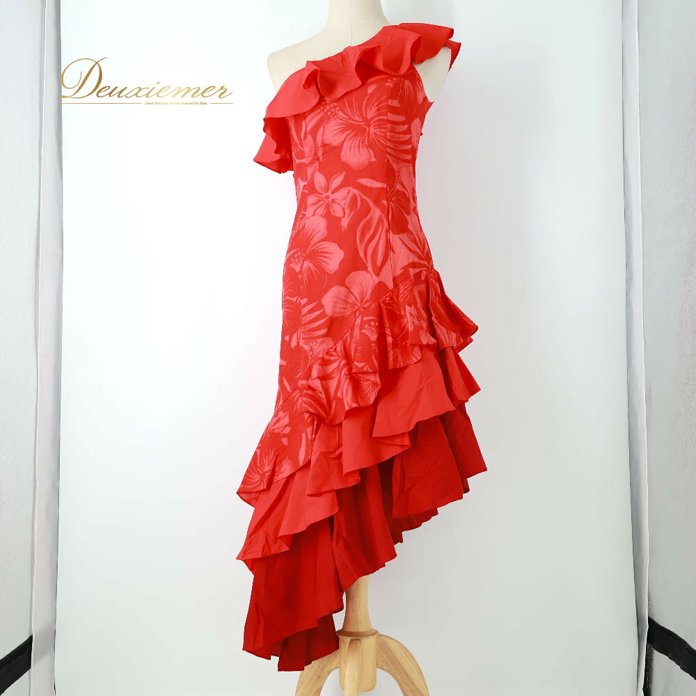 【中古】 MermaidLine MMJ マーメイドライン エムエムジェイ フラダンス 衣装 ワンピース レッド系 ハイビスカス柄 花柄 フリル アシンメトリー 華やか 赤 ハワイアンプリント アロハ ダンス衣装 イベント ステージ かわいい ふんわり 赤系 フラ柄 D039-2512019017439
