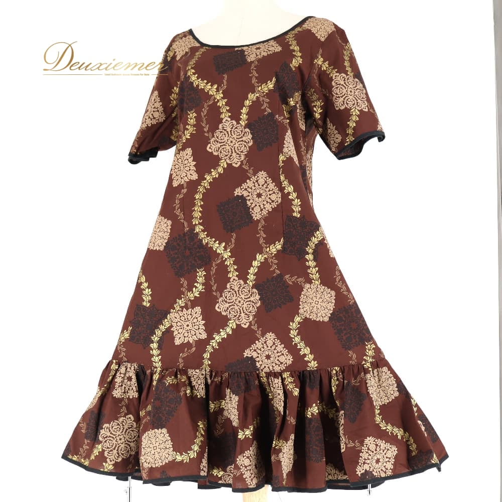 Rakuten - 【中古】 Nara Marcos フラダンス 衣装 ワンピース ドレス ブラウン系 茶 ハワイアンプリント アロハ フラ ダンス レッスン 練習 フリル 華やか 大人っぽい 上品 ブラック系 ベージュ系 ゴールド系 黒 金 植物柄 フラワープリント 袖あり 半袖 膝丈 F087-2512019010690
