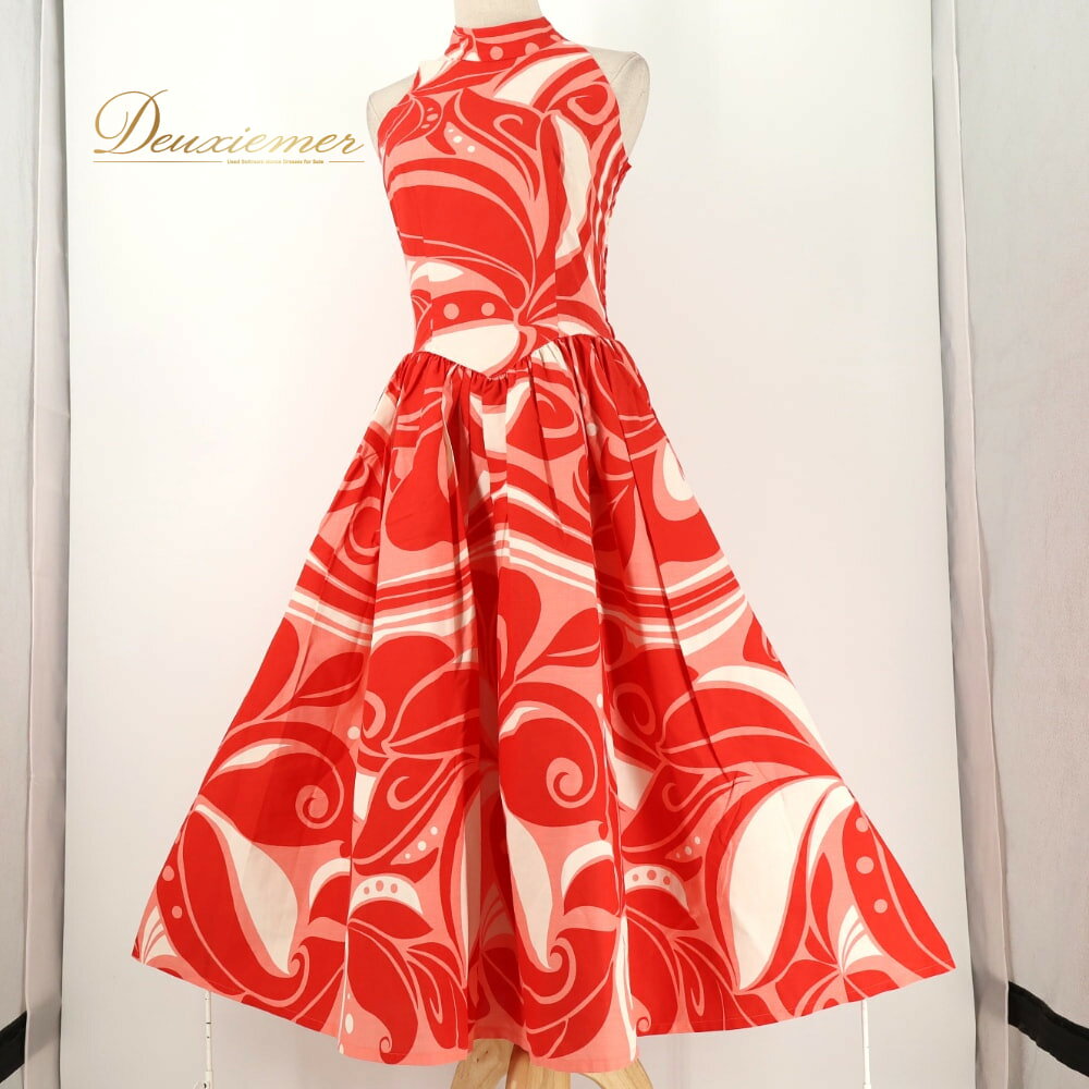 【中古】 フラダンス 衣装 ワンピース ドレス レッド系 ハワイアンプリント ハワイアン アロハ フラ ダンス レッスン 練習 ハワイアンダンス アメリカンスリーブ フレアスカート 赤 白 ホワイト系 ピンク系 サーモンピンク系 華やか F031-2512019018344