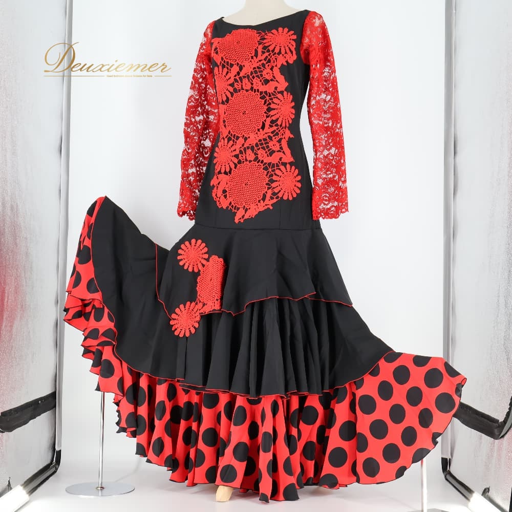 樂天商城 - 【中古】 Mariquita マリキータ フラメンコ 衣装 ドレス ワンピース ブラック系 レッド系 赤 黒 ボランテ フリル レース 水玉 ドット かわいい 華やか 刺繍 ダンス パーティ 発表会 イベント ステージ衣装 C099-2511022001404