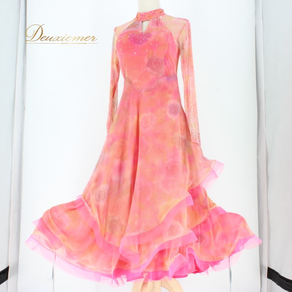 乐天商城 - 【中古】 prima boutique プリマブティック 社交ダンス 衣装 ドレス ワンピース スタンダード ピンク系 オレンジ系 パープル系 長袖 レース 透け感 ダンスパーティー パーティドレス ステージ衣装 発表会 エレガント 上品 大人っぽい ラインストーン D070-2510122013782