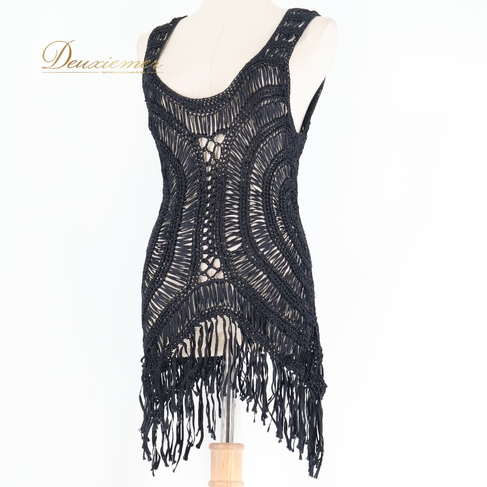 Tops - 【中古】 フラメンコ 衣装 ブラウス トップス ブラック系 黒 フレコ フリンジ ノースリーブ 編み込み ダンス パーティ 発表会 レディース 上品 C054-2511002001288