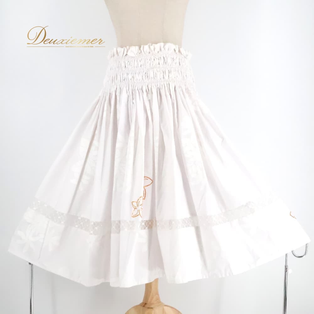  TAHITI IMPORTS タヒチインポーツ フラダンス 衣装 Anela Wink アネラウィンク パウスカート ホワイト系 レース ラインストーン かわいい 華やか 鮮やか 明るい ハワイアン ハワイアンプリント フラ ダンス レッスン 練習 ゴールド系 白 A089-2512018011209