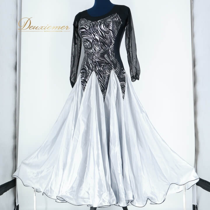 【中古】社交ダンス 衣装 スタンダード スタンダードドレス ワンピース パーティ 発表会 シルバー 黒 ..