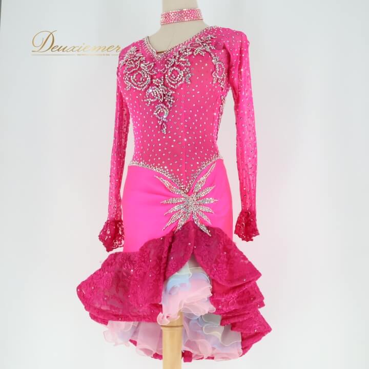 【中古】社交ダンス 衣装 ラテン ドレス ワンピース ラテンドレス フリルスカート レディース ピンク ..