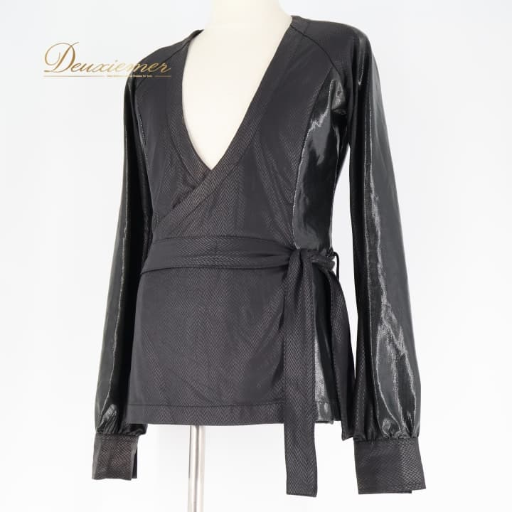 【中古】社交ダンス 衣装 メンズ ラテン トップス ブラウス シャツ 黒 光沢 ジャズ ダンス 舞台 ブラッ..