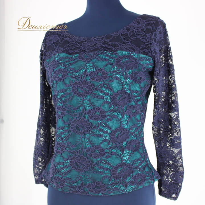 【中古】社交ダンス 衣装 スタンダード トップス レッスンウェア レディース オールシーズン Sanline サンリーヌ 青緑 紺 ネイビー系 グリーン系 レース 花柄 長袖 伸縮性 有り 日本製 フェミニン スタイリッシュ おしゃれ B013-2510701003081
