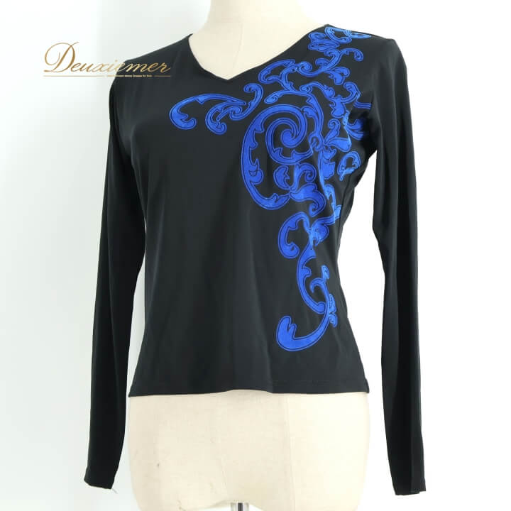 【中古】Chacott ROYAL DANCE チャコットロイヤルダンス 社交ダンス 衣装 トップス ブラウス ブラック系 レッスン 伸縮 ストレッチ 黒 青 長袖 練習 チャコット 日本製 華やか ブルー系 M A125-2510701003258