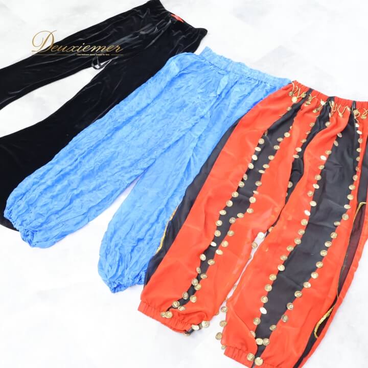 【中古】ベリーダンス 衣装 ズボン ハーレムパンツ フレアパンツ まとめ売り 全3点 セット アラジン レッスンウェア 練習着 ラメ 黒 水色 赤 舞台 発表会...